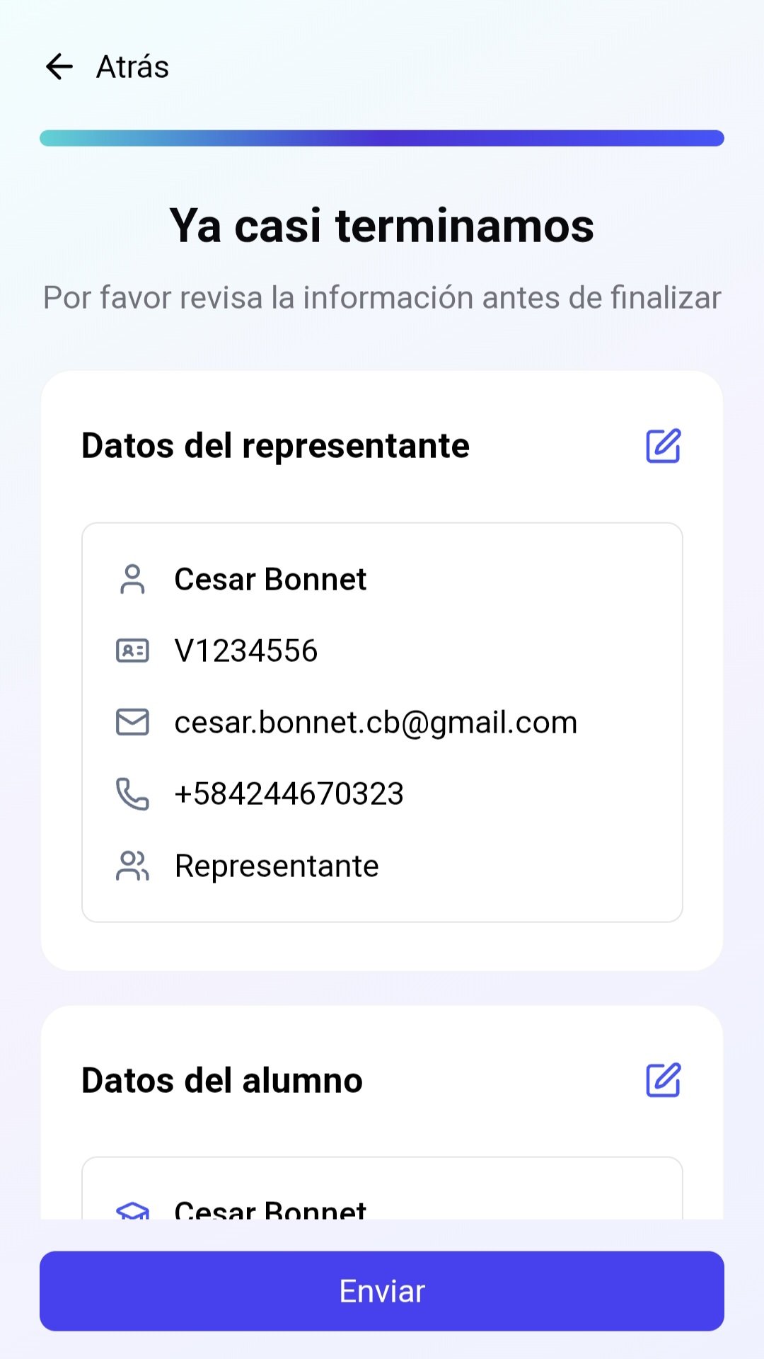 Pantalla de confirmación de datos