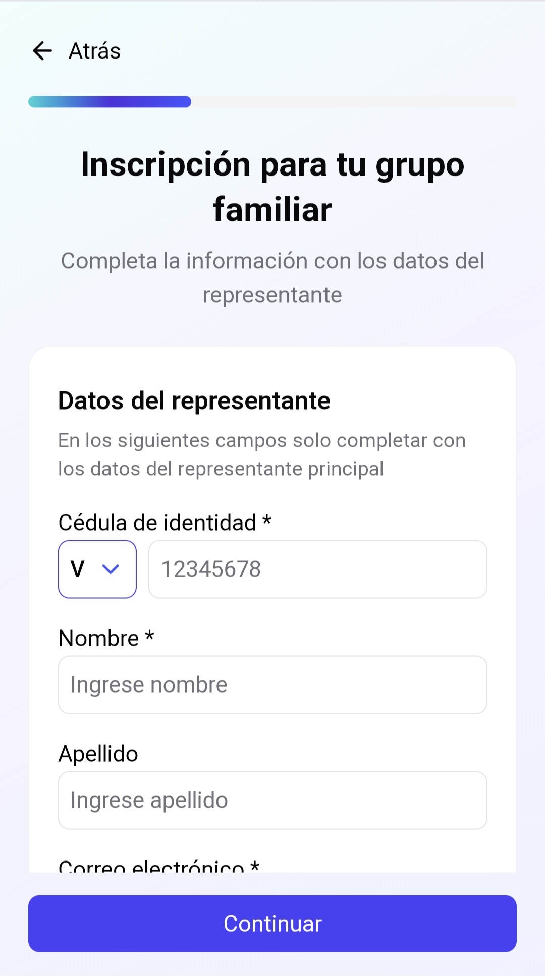 Formulario de datos del representante